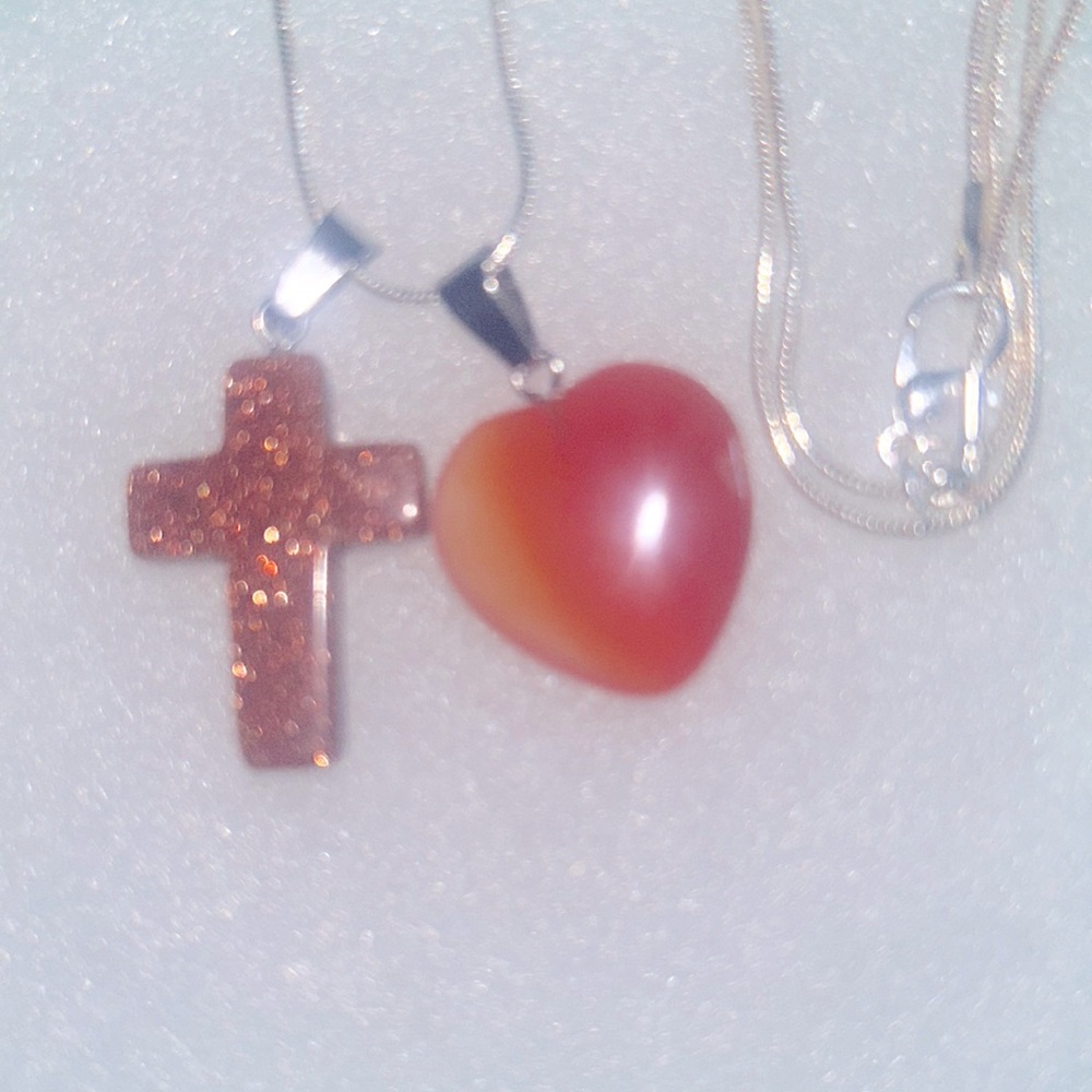Boho hippie Goldstone Cross and Carnelian Heart Silver 16” Neckla…